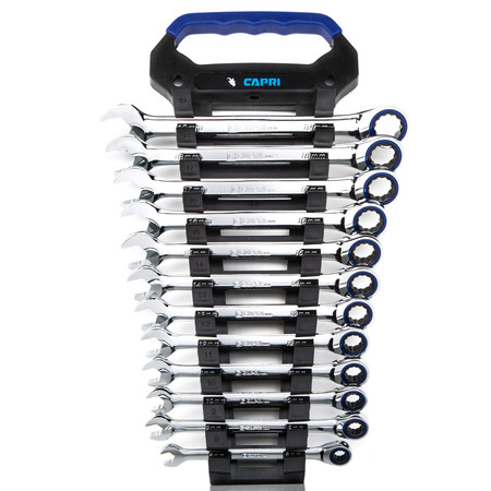 CAPRI TOOLS 100-Tooth Metric Ratcheting Combination Wrench Set, 12 pcs with Rack CP11500RK